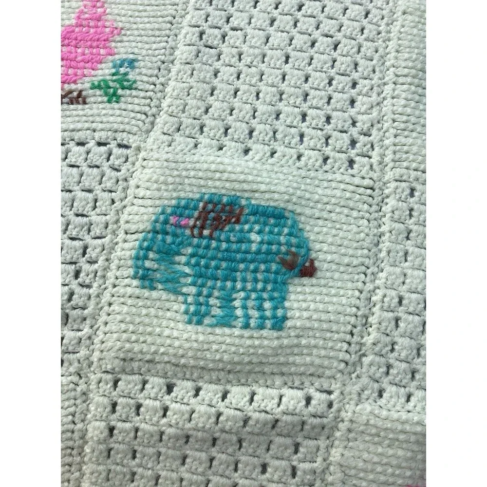 Vintage Crochet Baby Blanket Afghan Throw White Blocks Squares Animals Handmade
